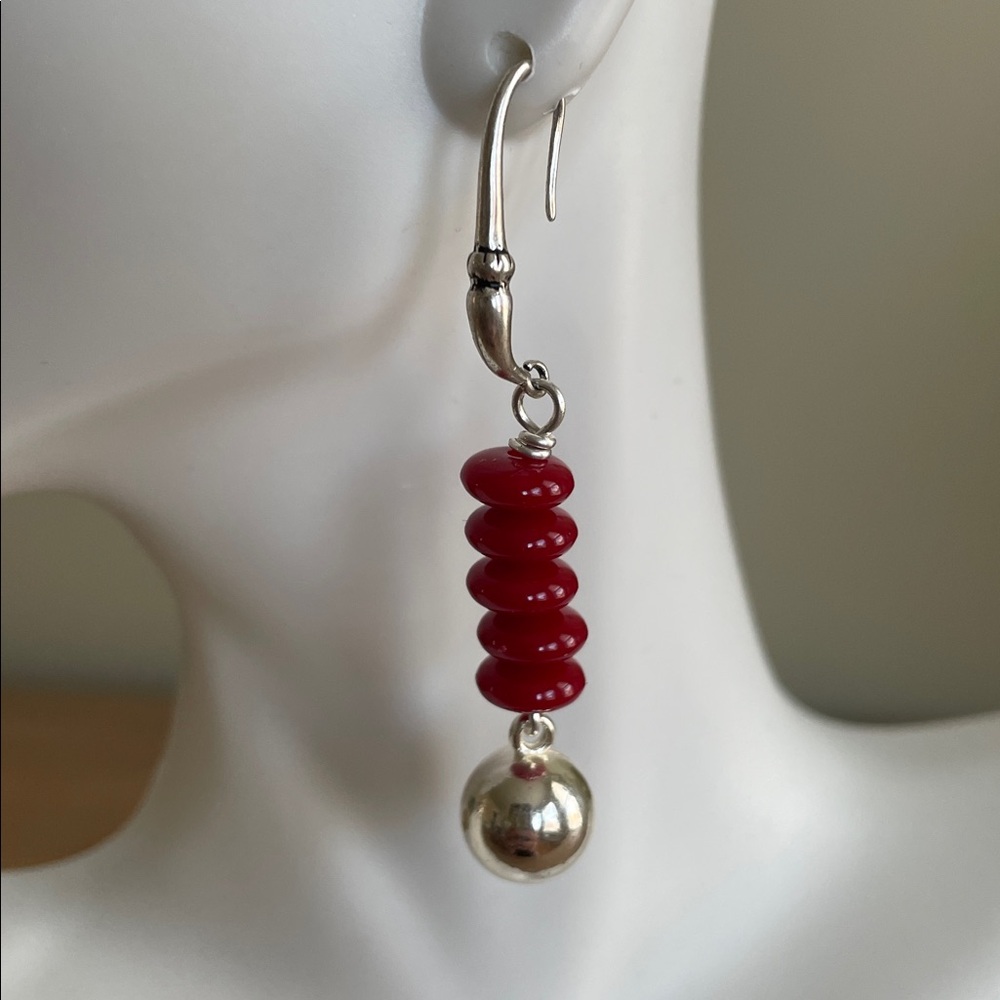 HAND CRAFTED RED & SILVER BALL DROP DANGLE EARRINGS Modern Minimalist Statement